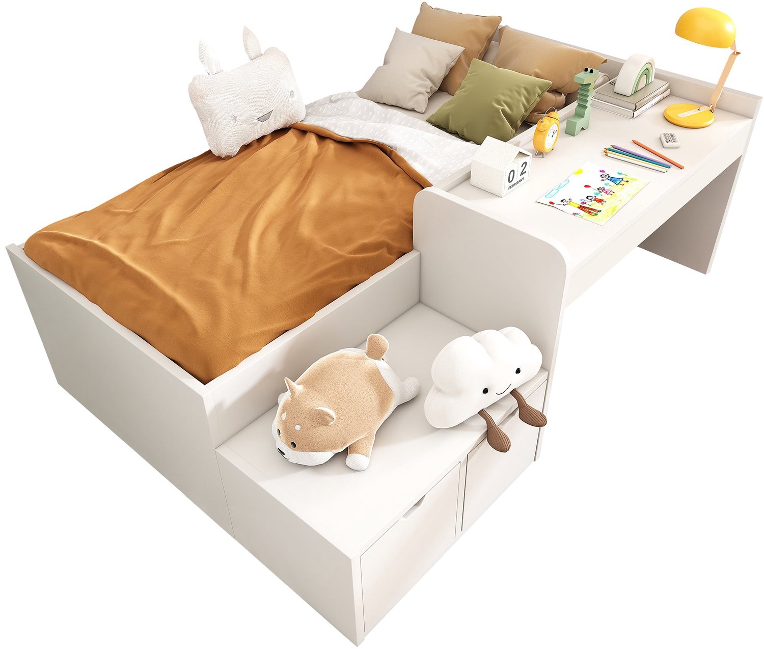Merax Kinderbed 90x200 cm - Massief Hout - Schrijfbureau met Opberglades - Wit - Stauraumbed - Geschikt voor Jongens & Meisjes (Matratras niet inbegrepen)