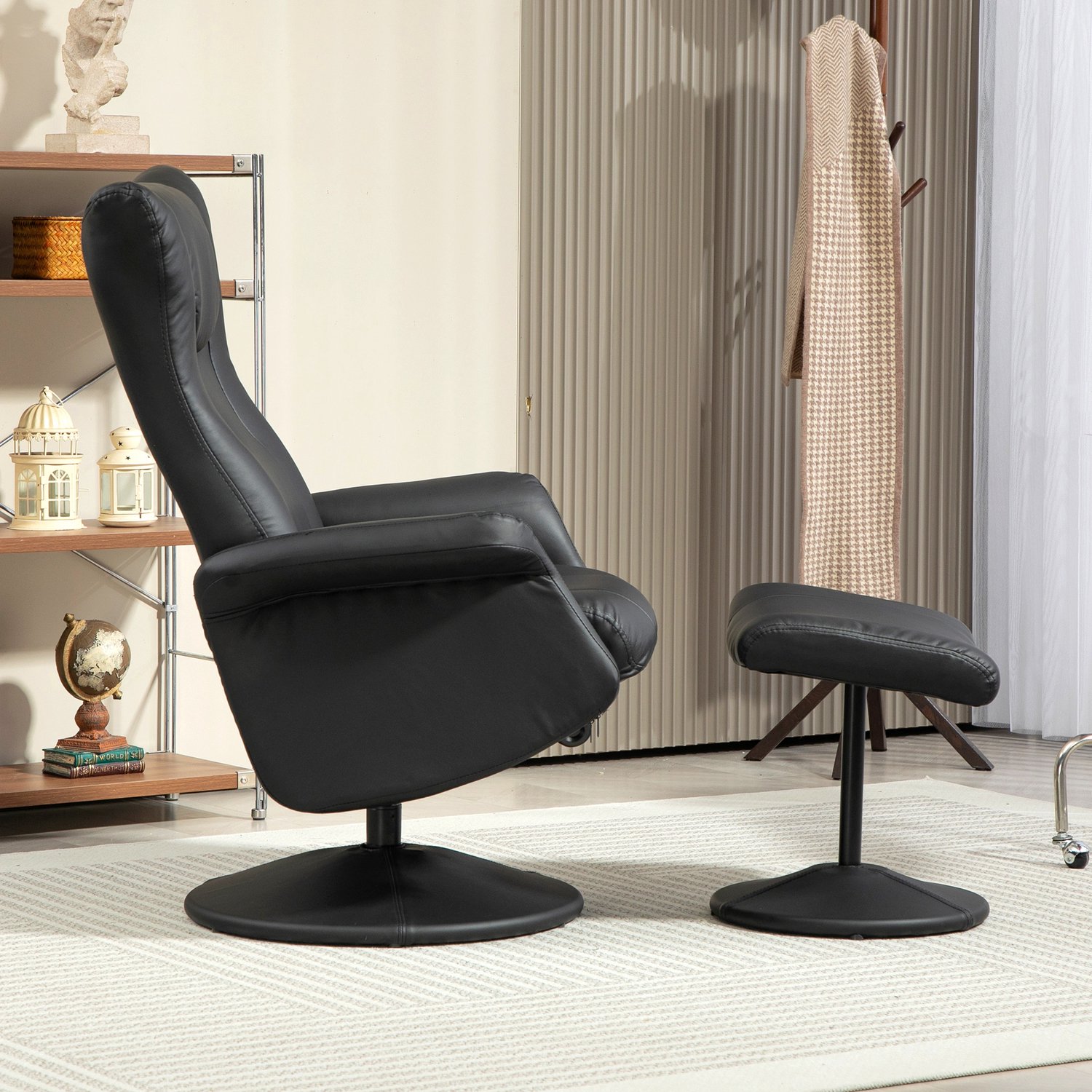 OKWISH Relaxfauteuil 70 x 79 x 105 cm - Handmatig Verstelbare Rugleuning en Draaibaar - Met Hocker voor de Woonkamer - Kunstleer - Zwart