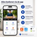 Smartphone-interface van de deurbel-app met bedieningsknoppen voor praten en opnames bekijken.
