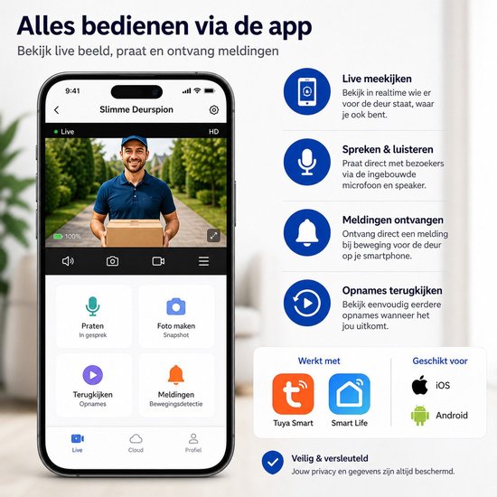 Smartphone-interface van de deurbel-app met bedieningsknoppen voor praten en opnames bekijken.