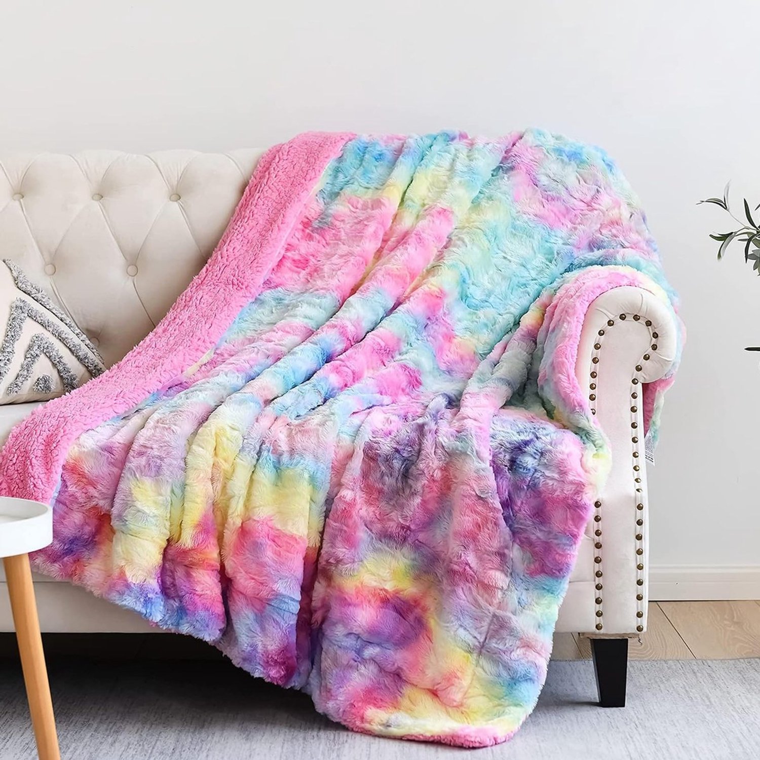 Duraxl Plaid - Imitatiebont - Sherpa - Donker regenboog - 101,6 x 127 cm Multi-kleur