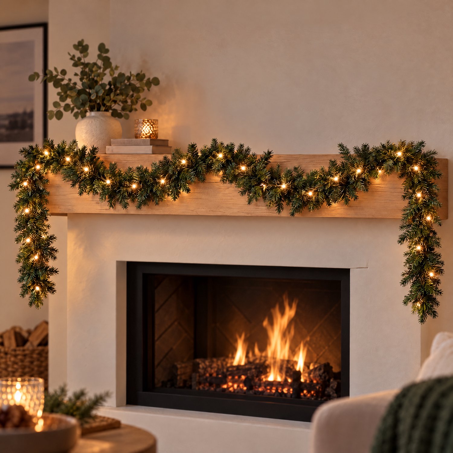 Levano Kerstguirlande met Verlichting - 30 LED Warm Wit - Kerstverlichting Buiten op Batterij - Guirlande met Timer - Lichtslinger voor Binnen en Buiten IP44 - Dennenslinger voor Open Haard - Schoorsteen Decoratie - Energiezuinig - Groen