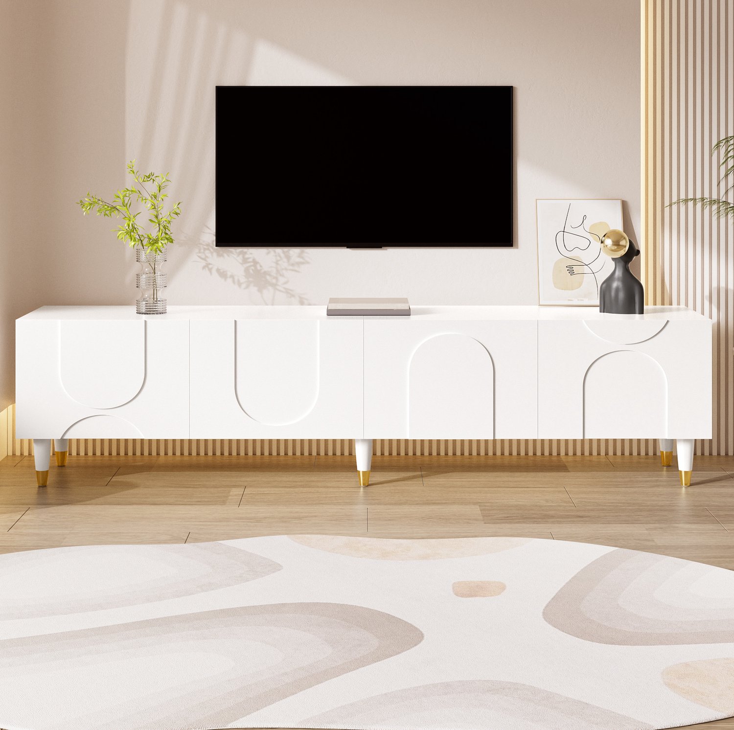 WUVRIE TV-meubel 180x40x50 cm - 4 deuren met asymmetrisch boogreliëf - Kabeldoorvoer - Wit