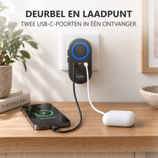 ELRO DB6000 Draadloze Kinetische Deurbelset - Met 2x USB-C Snellaadpoorten - Geen Batterijen Nodig — afbeelding 2