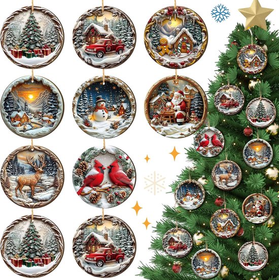 Set van 12 ronde kersthangers met winterse taferelen: kerstbomen, huisjes, rendieren, sneeuwpoppen en kardinalen.