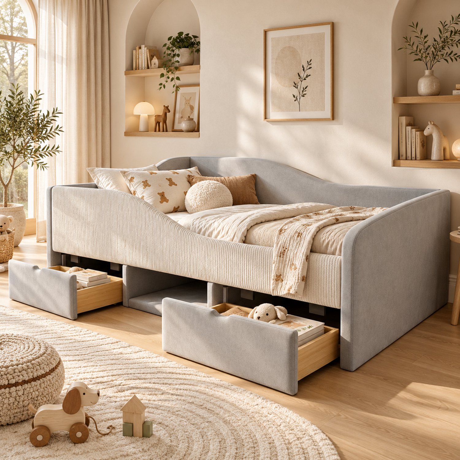 Welltin Eenpersoonsbed 90x190 cm - Kinderbed - Gestoffeerd bed - Multifunctioneel bed - Opbergbed - Met lades - Met vangrails - Fluwelen stof - Grijs