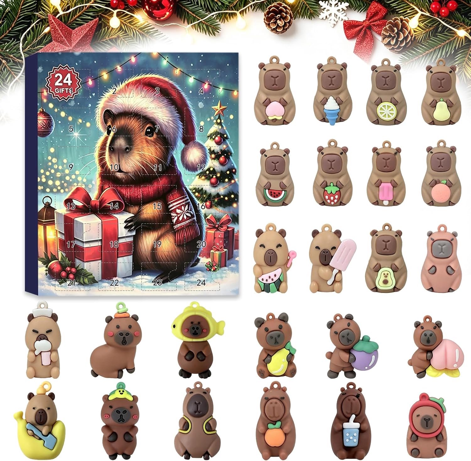 Capibara-adventskalender 2026 - 24-daagse kerstadventskalender - aftelkalender - hangende capibara-ornamenten, kerstdecoratie, adventskalender met 24 minifiguren