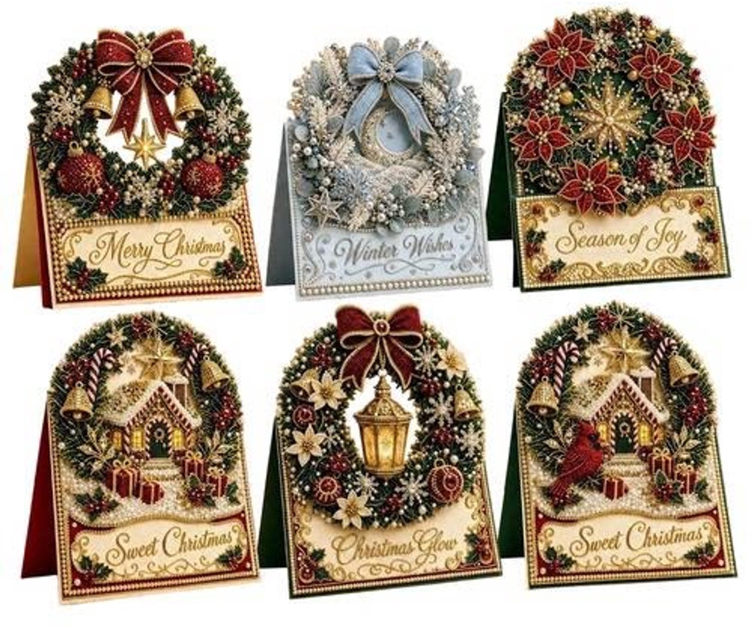 6-delige DIY Diamond Art Kerstwenskaartenset – Krans & Winterthema - compleet knutselpakket