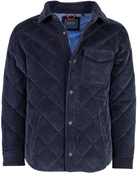 Donkerblauw gewatteerd corduroy jack met N.Z.A. Auckland label, drukknoopsluiting en borstzak.