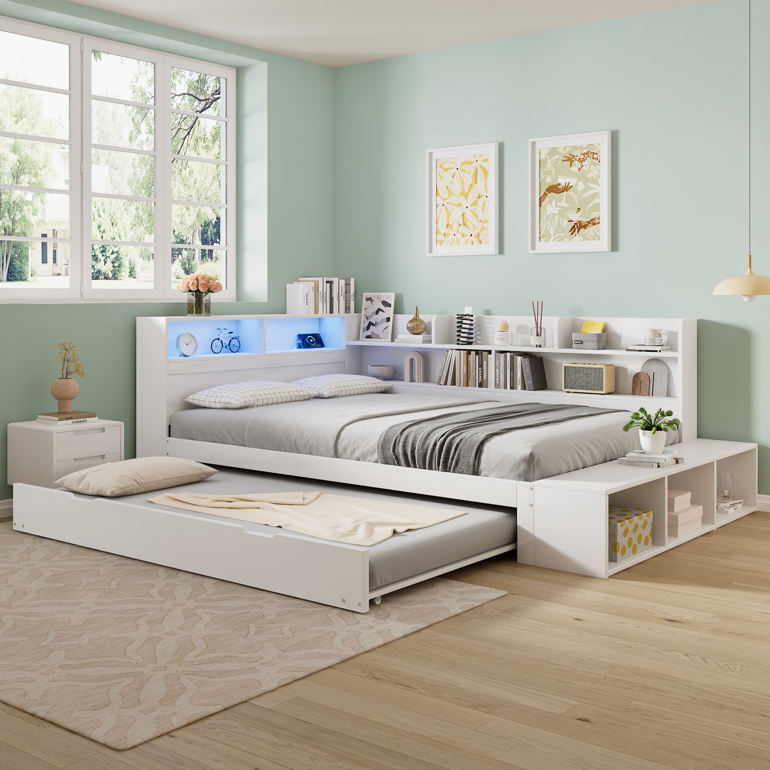 Sweiko Houten bed - 120 x 200 cm - Opbergruimte - LED-verlichting - Oplaadpoort - Met uitschuifbaar bed - Wit