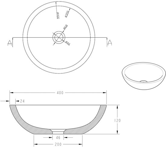 Technische tekening van een ronde waskom met een diameter van 400 mm en een hoogte van 120 mm.