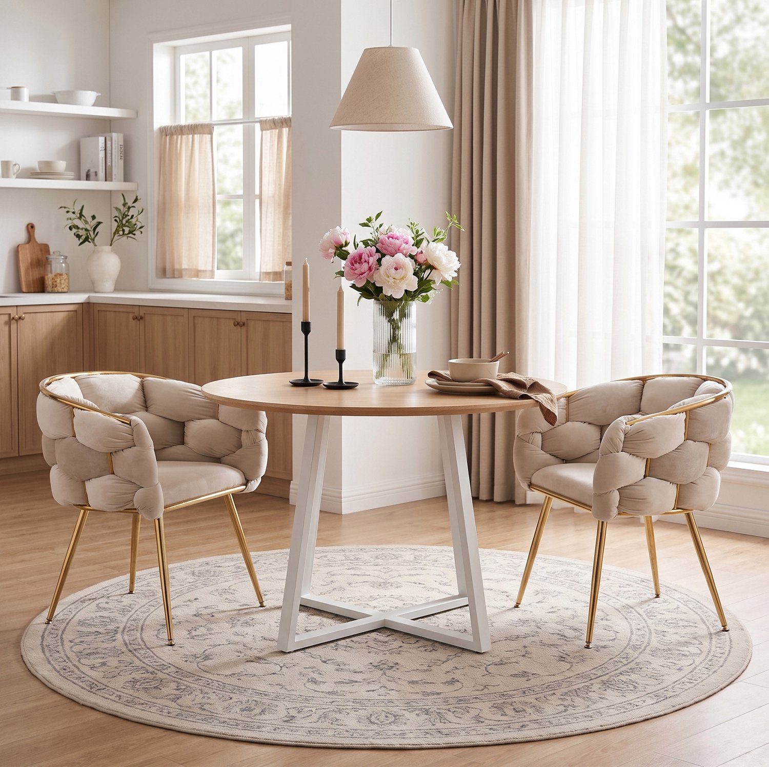 OKWISH Eetkamerstoel - Set Van 2 - Beige - Velvet - Met Armleuningen - Metalen Frame