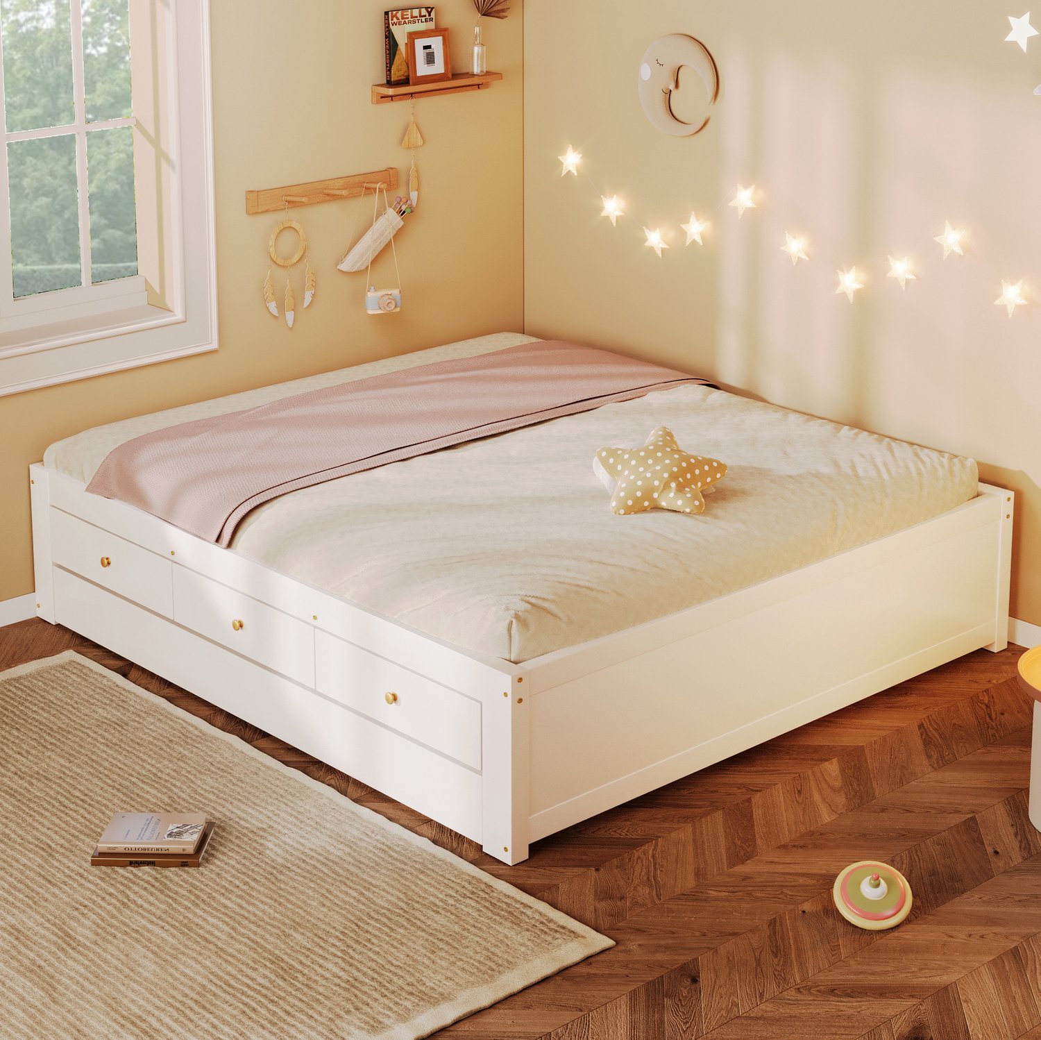 DESMIU Bed 140x200 cm – Met 3 Lades En Uitschuifbaar Logeerbed – Ruimtebesparend Voor Slaapkamer Of Logeerkamer – Hout En MDF – Wit – Zonder Matras
