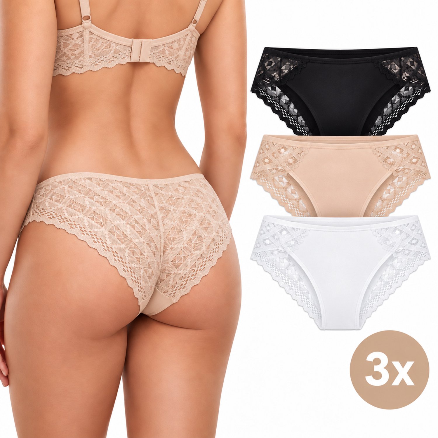 Calzera Dames Slips met Kant - 3 Pack - Comfortabele Kanten Onderbroeken - Sexy Dames Ondergoed - Zwart/Beige/Wit - Maat L