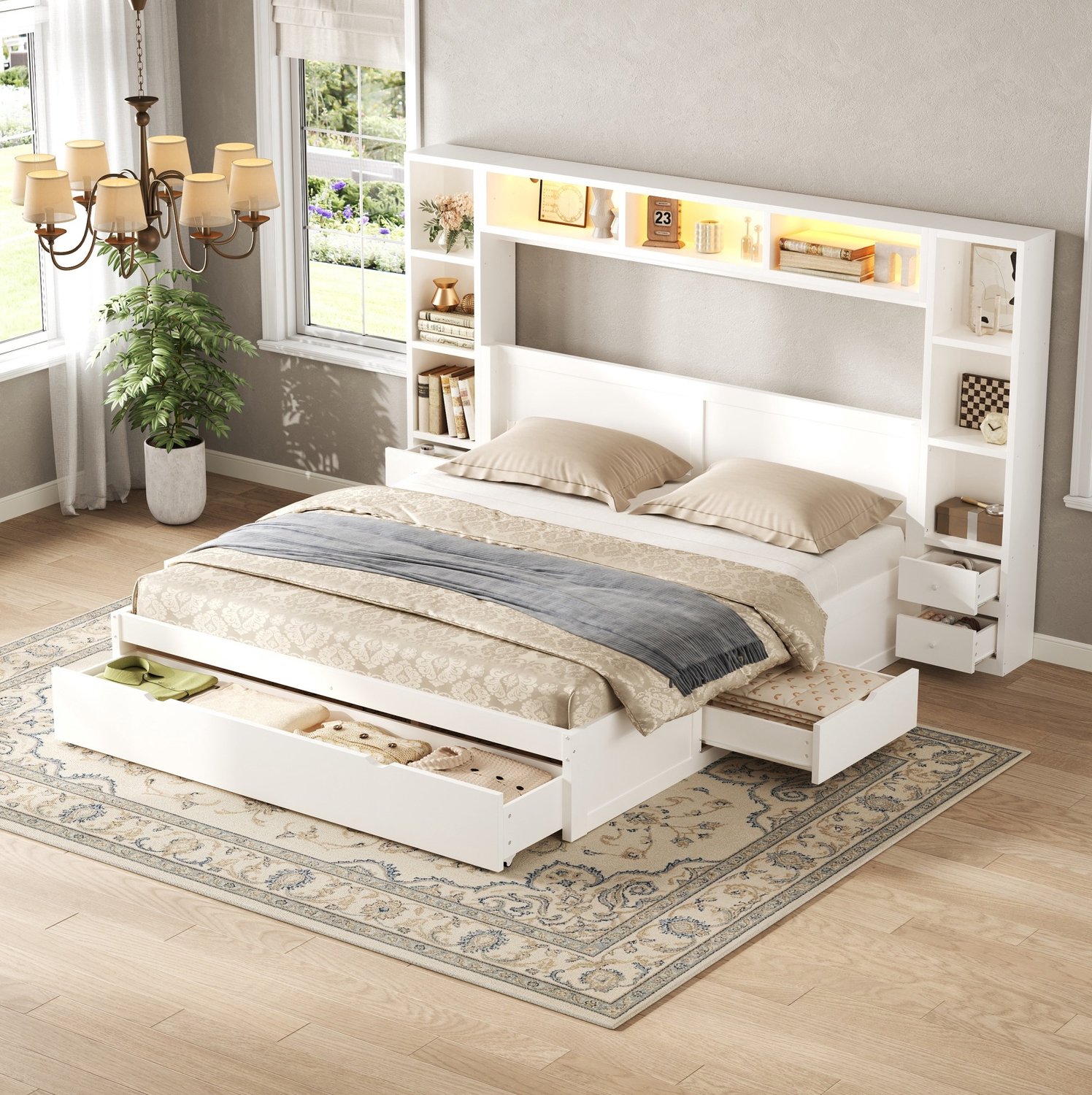 DESMIU Bed 140x200 cm – Platformbed Met LED-Verlichting – 7 Lades En Opbergvakken – Hoofdbord En Voetbord – MDF En Hout – Zonder Matras – Wit