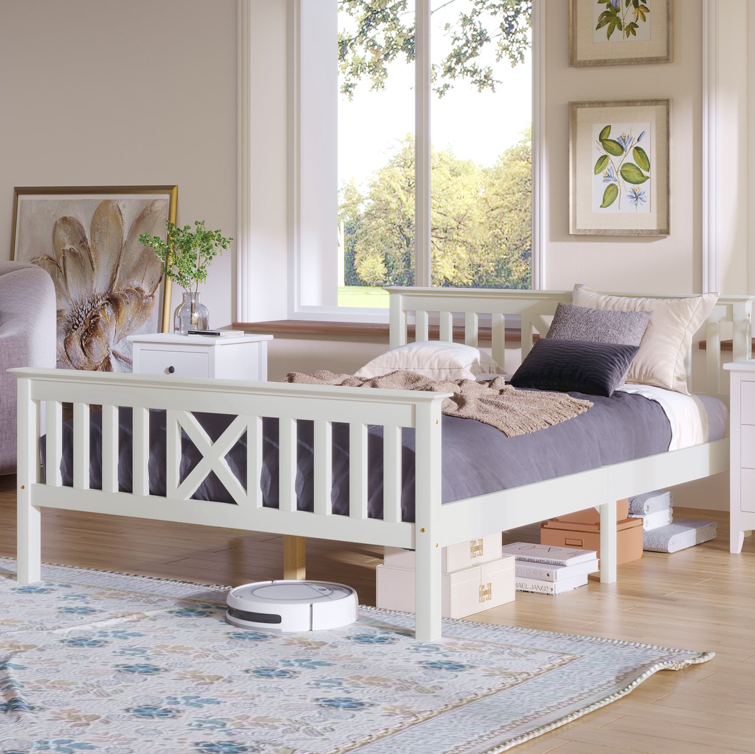 Tweepersoonsbed 140 x 200 cm met lattenbodem, houten bedframe wit