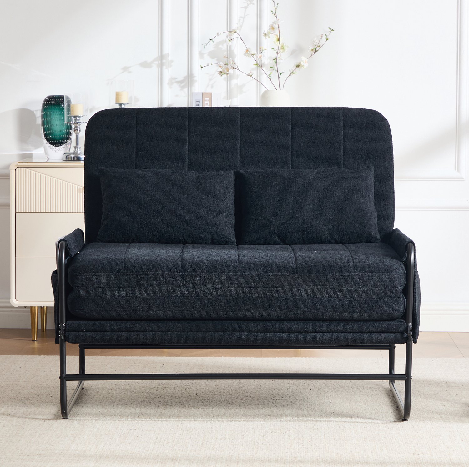 Wishdor Slaapbank 2-zits - Uitklapbaar tot vlak bed - Zijvakken en lendenkussen - Industrieel design - Woonkamer kantoor gastenkamer - Chenille en metaal - Zwart - 104 x 85 x 92 cm