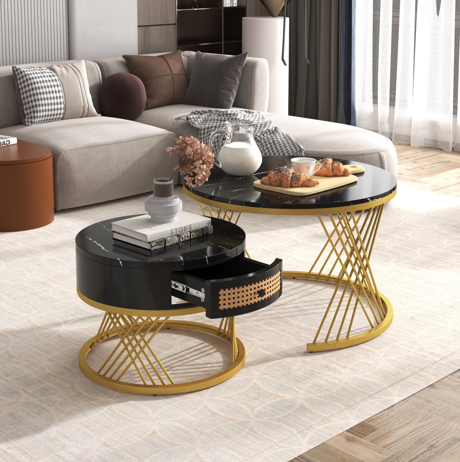 2-delige ronde salontafelset 70 cm met lade, MDF, marmerlook, zwart/goud