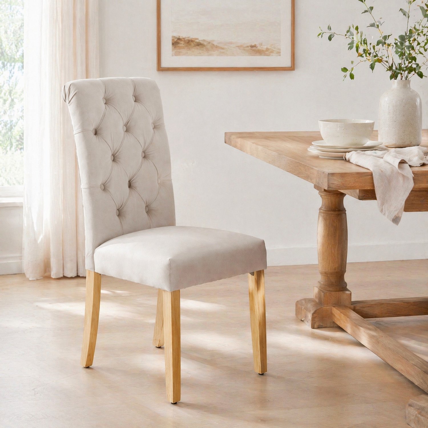 Maisentiel Eetkamerstoelen Set van 2 – 100 cm – Fluwelen zitting, Houten poten, Beige