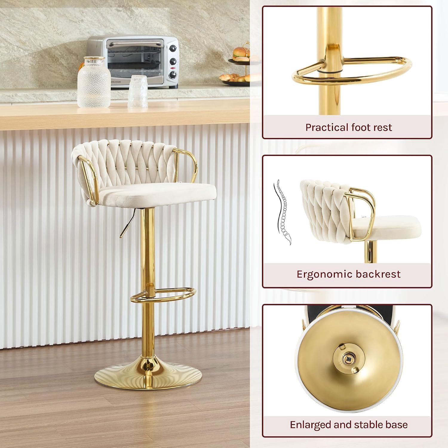 Set van 2 Luxe Verstelbare Barkrukken met Fluwelen Zitting, Gevlochten Rugleuning, Armleuningen, Gouden Metalen Onderstel, Voetensteun en 360° Draaifunctie – Crème, 49,5 x 50,5 x 98 cm