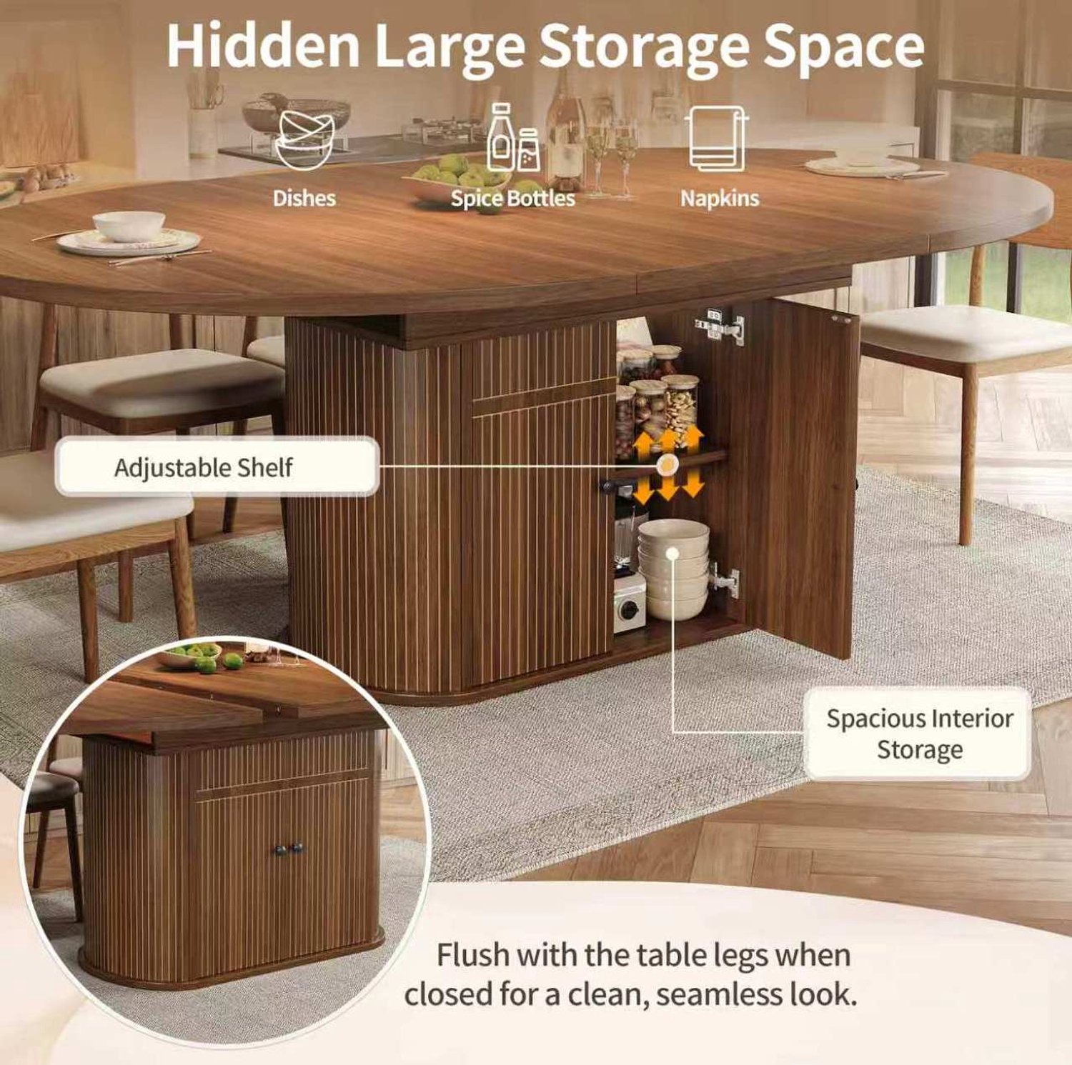 MIVRAY Uitschuifbare Eettafel - Met Opbergruimte En Twee Deuren - Voor Keuken En Eetkamer - MDF Donkerbruin - 118 Tot 158 x 118 x 76,5 Cm
