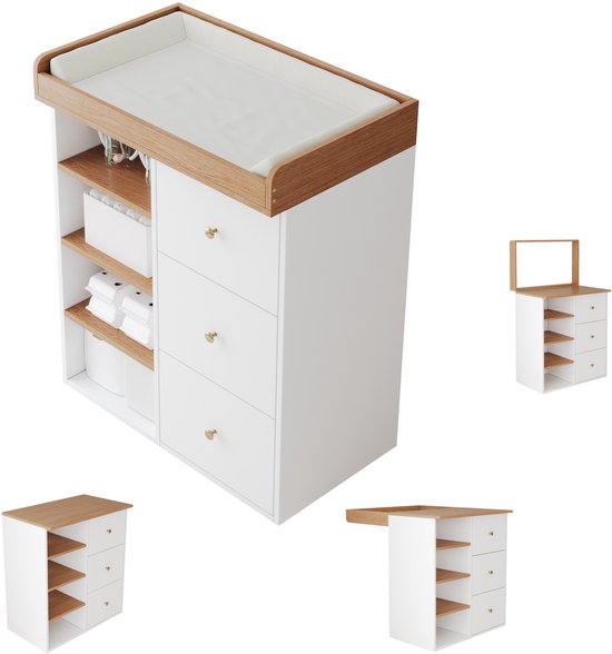 Verschillende aanzichten van de 2-in-1 babycommode met houten accenten, lades en open zijplanken.