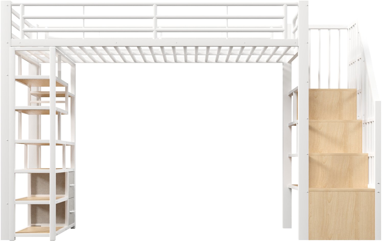 COVREO Hoogslaper met trap en reling – 90x200 cm – Eenpersoonsbed van metaal en MDF – met rekken en 2 lades – Wit - zonder matras
