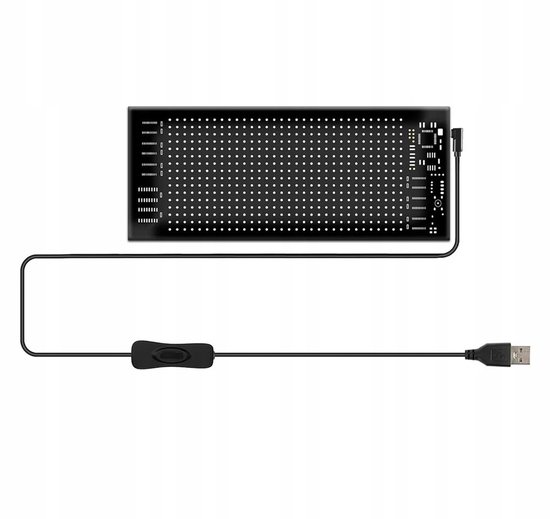 Zwart flexibel led-paneel met USB-kabel en fysieke schakelaar voor aansturing.