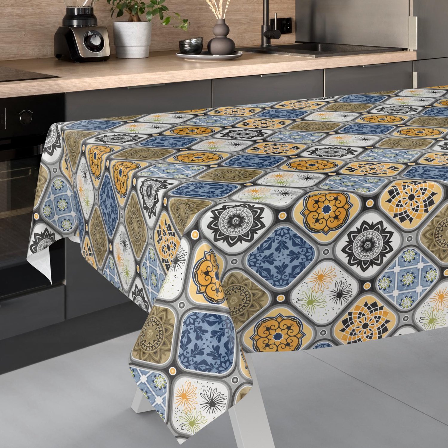 ANRO Tafelzeil op rol Porto tegels Blauw 140cm x 20m – Afwasbaar Tafelkleed Rechte rand