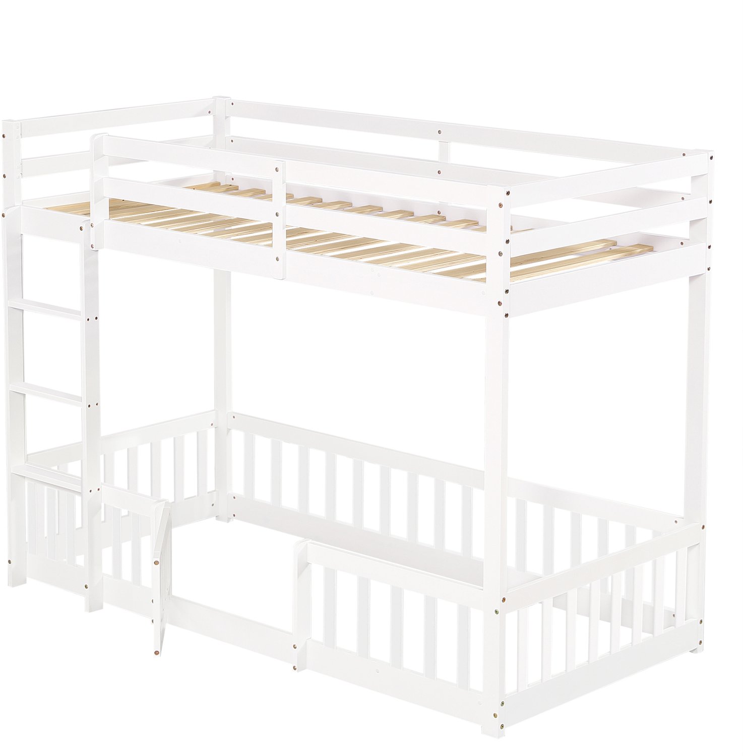 Witte Houten Hoogslaper 90x200 cm - Met Ladder En Uitvalbeveiliging - Grenen Frame Met Deurtje - Vrij In Te Richten Ruimte Onder Het Bed