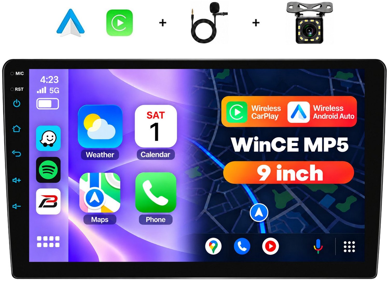 Boscer 2 Din Autoradio met Draadloos Apple CarPlay & Android Auto - 9 Inch IPS Scherm - Universeel Dubbel Din - Bluetooth, Handsfree Bellen & FM Radio - Achteruitrijcamera & Microfoon