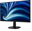 Zwarte Philips monitor met standaard, dunne randen en levendige blauwe abstracte achtergrond.