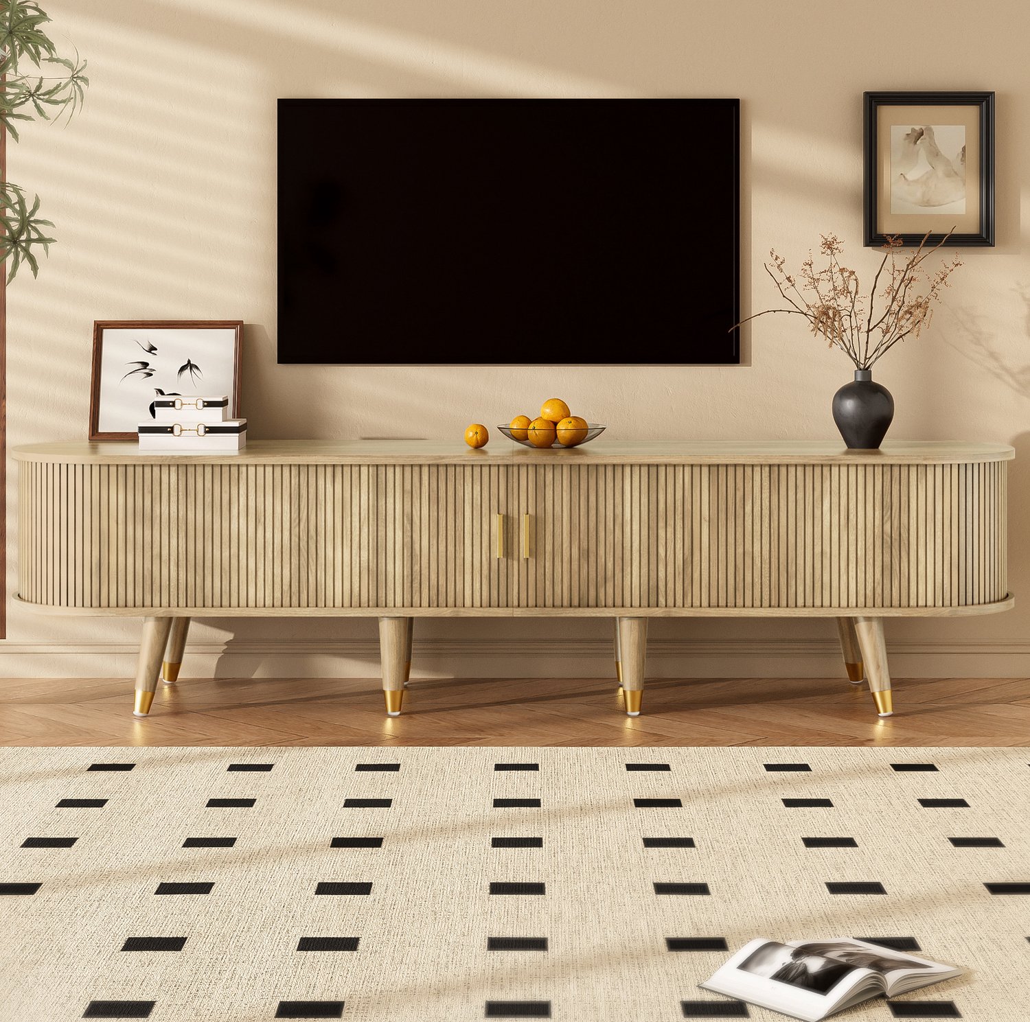 Maisentiel TV-meubel 175 cm met schuifdeuren, lade en open vakken - MDF eikenkleur