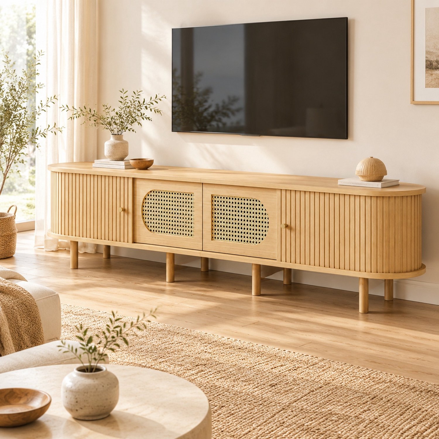Maisentiel TV-meubel 180 x 40 x 40 cm - MDF met rattanlook deuren - naturel