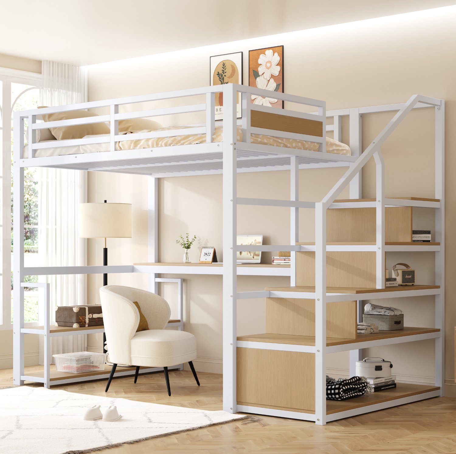 COVREO Hoogslaper met bureau en opbergruimte – 140x200 cm – Bed met trap en veiligheidshek – 255x145x175 cm – Wit - zonder matras