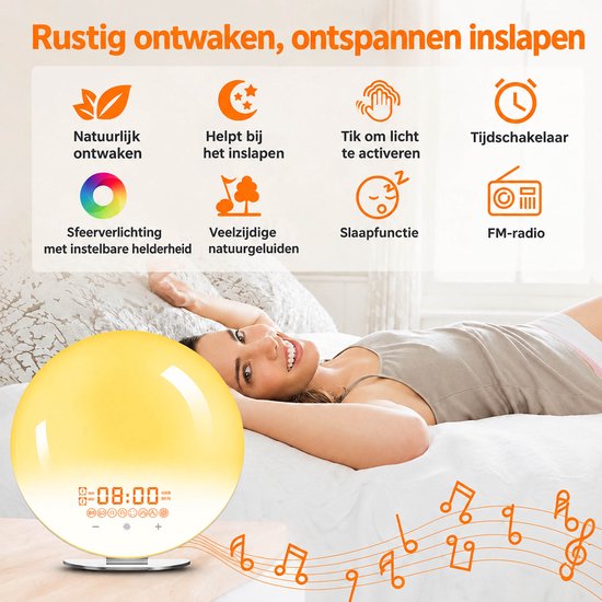 NAXSIR - wake up light - wekker met licht - zonsopgang simulatie - fm radio - slaapgeluiden - nachtlamp van NAXSIR — afbeelding 4