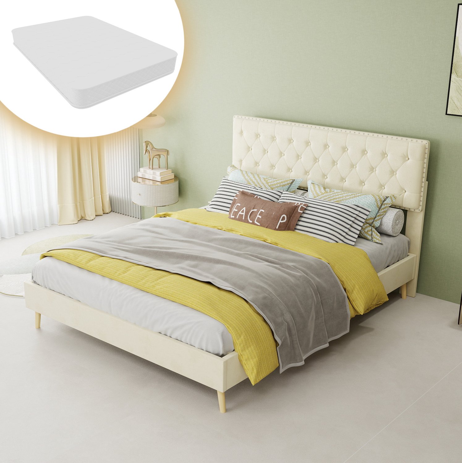 WUVRIE Gestoffeerd bed 140x200 cm - Hoog hoofdbord en lattenbodem - Beige