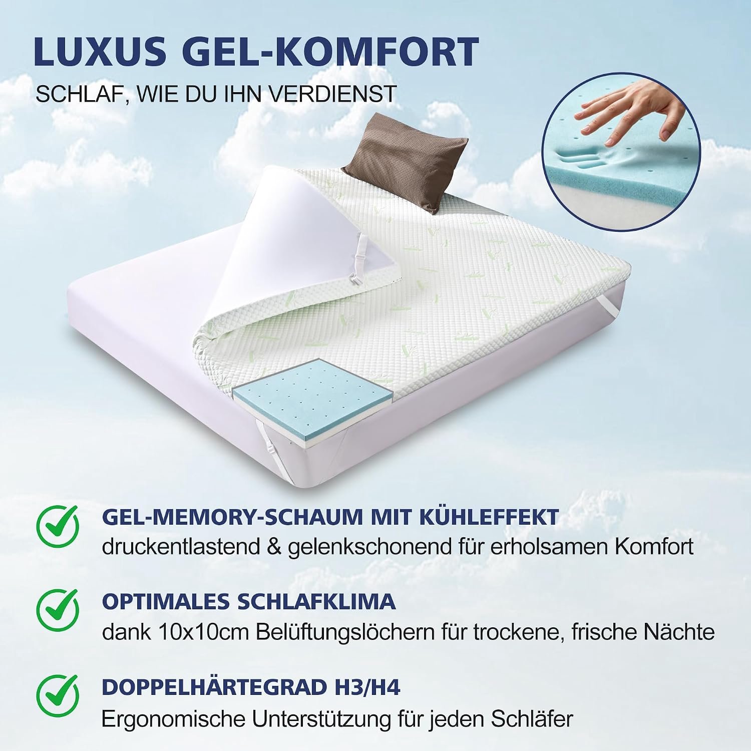 ErgoComfort Gel Traagschuim Topper 180x200 cm – 7,5 cm Dik, H3/H4 Dubbele Hardheid, Ademend Bamboe Tijk, Ergonomisch, Drukverlagend en Antislip – Novihome