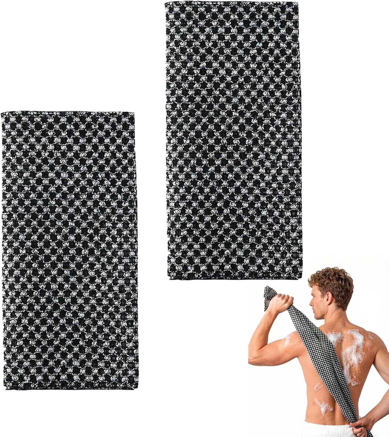 Set van 2 douchehanddoeken, 25 x 100 cm, peelinghanddoek voor lichaam voor peeling en dieptereiniging, rugreiniger van zwart mesh, badaccessoires voor