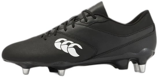 Zijzicht van zwarte Canterbury sportsschoen met veters en witte logo.