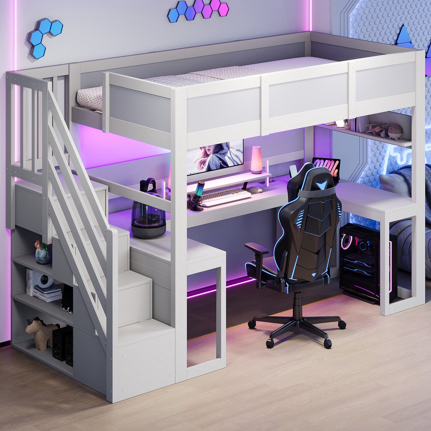 Gaming-hoogslaper (90 x 200 cm) met bureau, Kinderbed, Eenpersoonsbed, trap met opbergruimte, LED-verlichting en USB-aansluiting, Wit