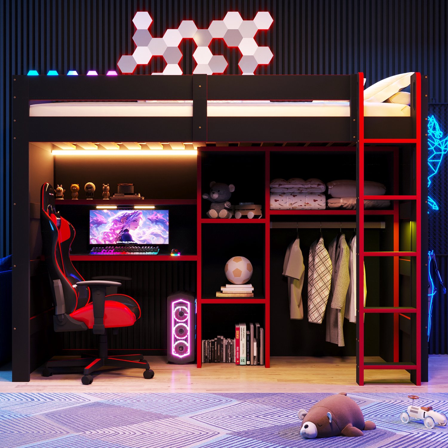 Kinderbed, Eenpersoonsbed, 90x200cm Gaming houten hoogslaper met bureau, kledingkast, meerlaagse opbergruimte, LED-verlichting, USB-laadaansluiting, zwart + rood