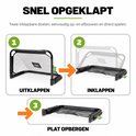 Stappenplan voor het uitklappen, inklappen en plat opbergen van het zwarte EXIT voetbaldoel.