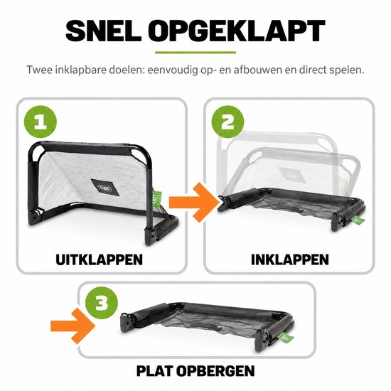 Stappenplan voor het uitklappen, inklappen en plat opbergen van het zwarte EXIT voetbaldoel.