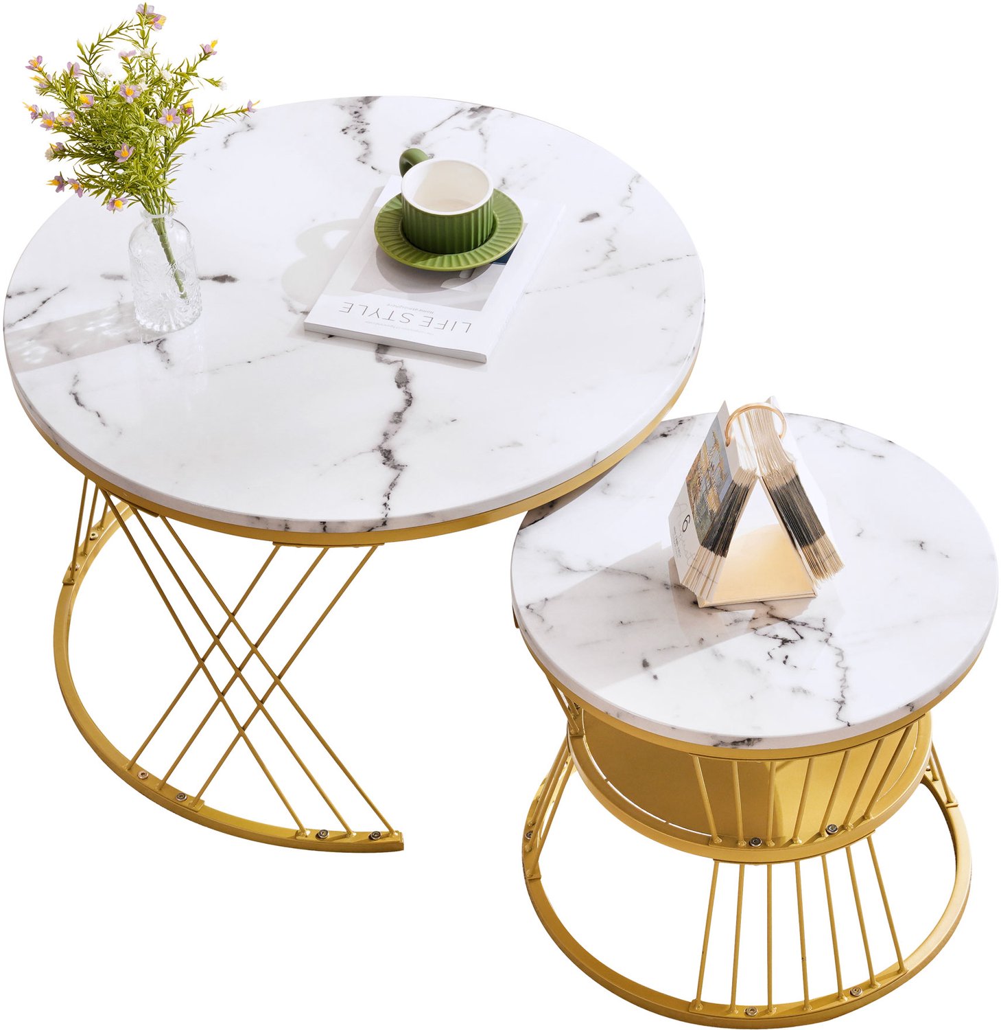 Welltin Salontafel Set van 2 - Ronde Nesttafels - MDF met Hoogglans Marmerlook - Metalen Frame - 70 x 70 x 45 cm en 45 x 45 x 40 cm - Wit en Goud