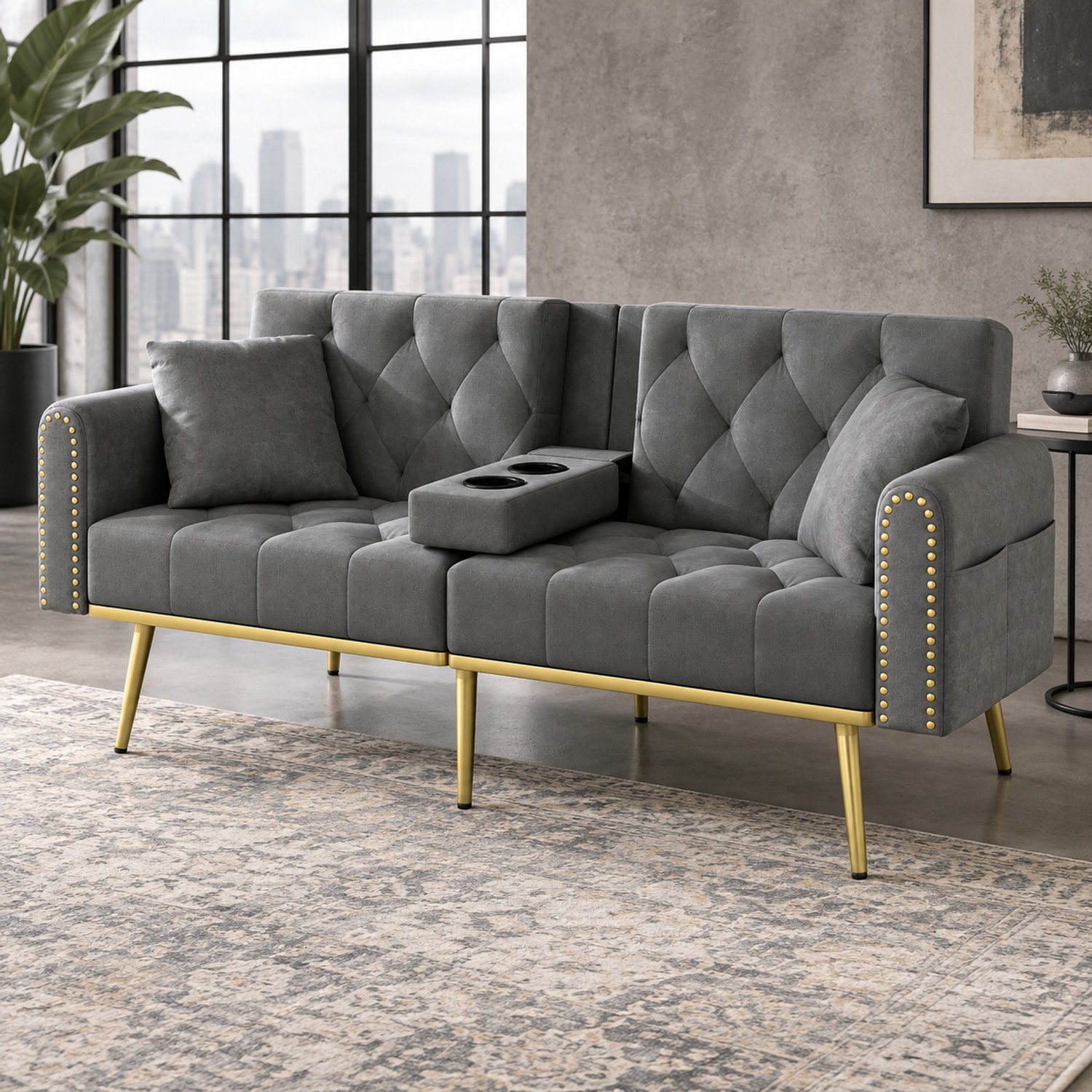WUVRIE 2-zits slaapbank 175x80 cm - Verstelbare rugleuning en bekerhouder - Grijs