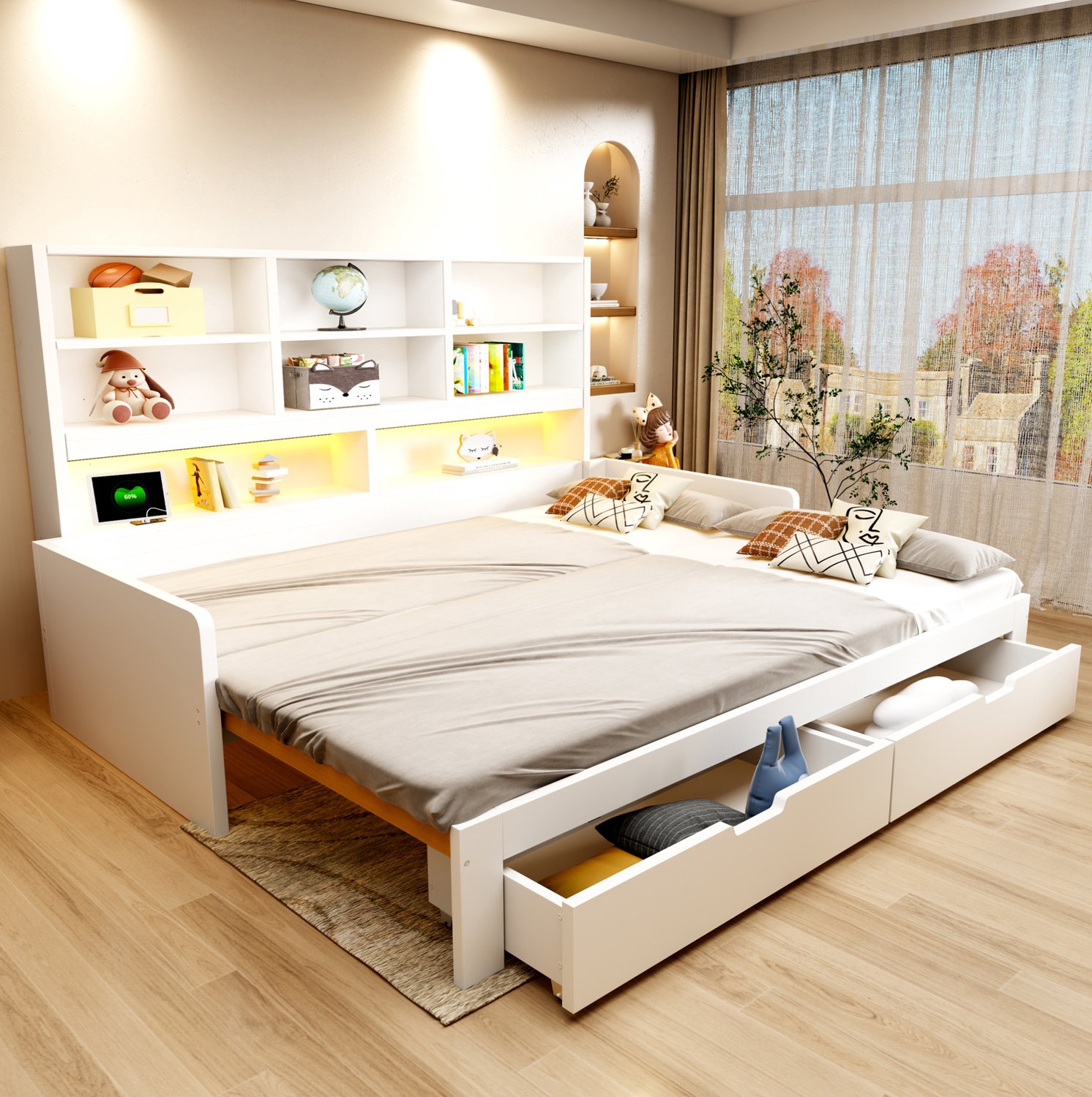 DESMIU Slaapbank 90/180 x 200 cm - Uitschuifbed Met LED En Stopcontact - Laden En Open Vakken - Zonder Matras - MDF - Wit