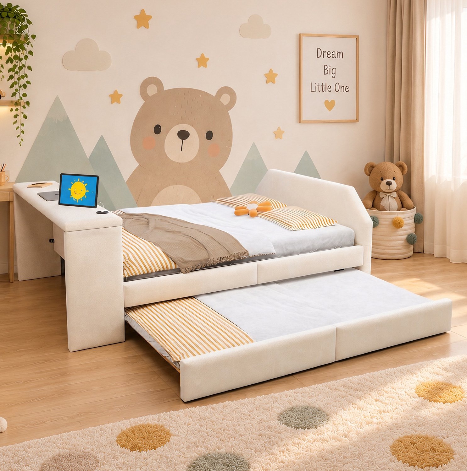 MODENUIT Kinderbed – 140 x 200 cm – Met Bureau En USB-Laadpoort – Stof – Beige – Met Uitschuifbaar Logeerbed
