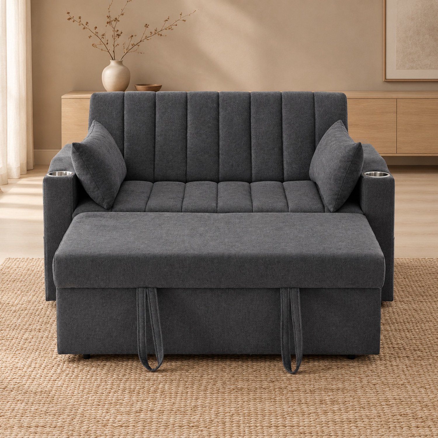 WUVRIE 2-zits slaapbank 136x162x84 cm - 3 standen, bekerhouders en opbergvakken - Grijs