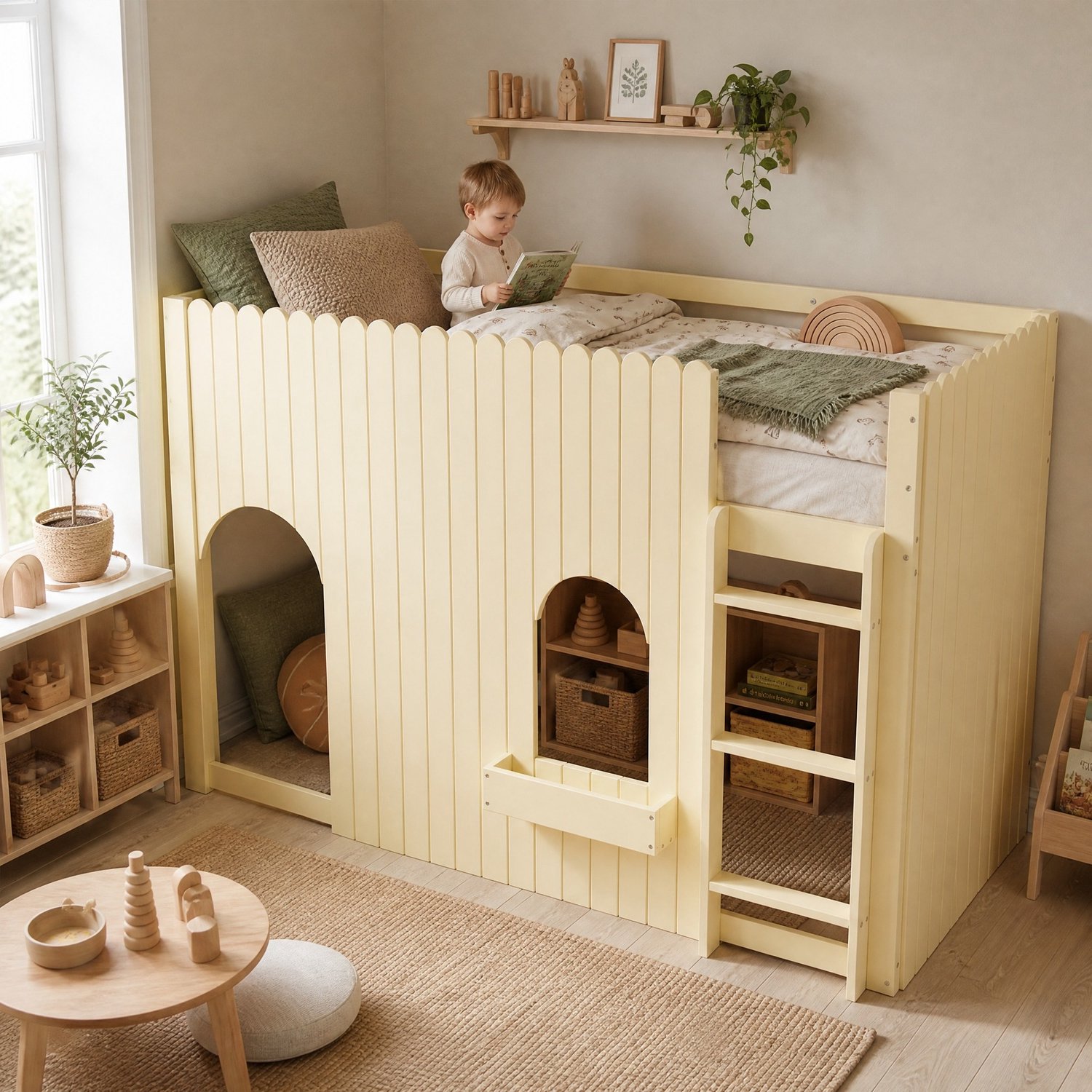 Wishdor Hoogslaper 90x200 cm - Rondom hekken en LED-verlichting - Rechte drietrapsladder met opbergvakken - Moderne houtlook - Kinderkamer speel- en leeshoek - Hout en MDF - Naturel